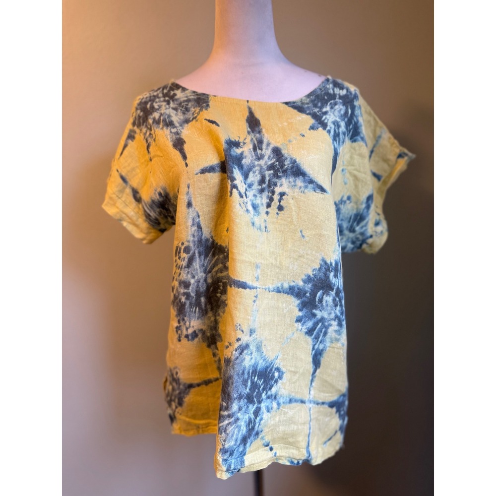 Bellambra Italian Yellow Blue Tie Dye Linen Tunic‎ Top Shirt S boho whimsi Y2K